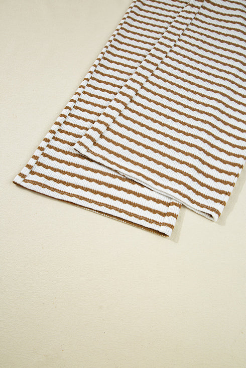 Striped Johnny Collar Pullover Drawstring Wide Leg Pant Set